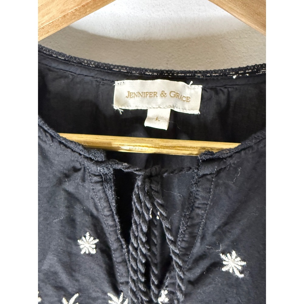 Jennifer & Grace Black Embroidered Cotton Peasant Blouse Balloon Sleeve Large - Picture 3 of 4